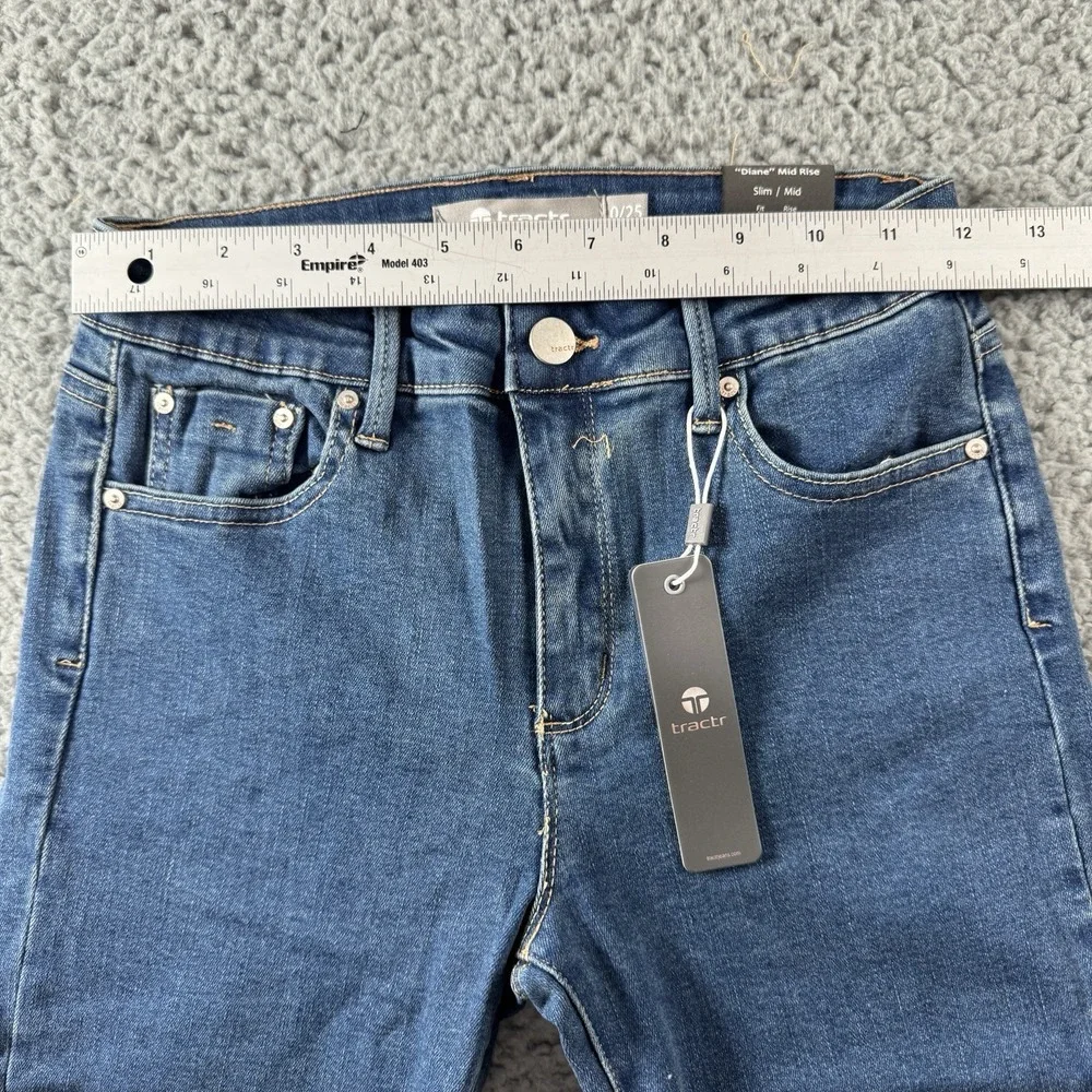 Tractr‎ Diane Mid Rise Distressed Indigo Blue Raw Hem Stretch Jean Sz 0/25 NWT